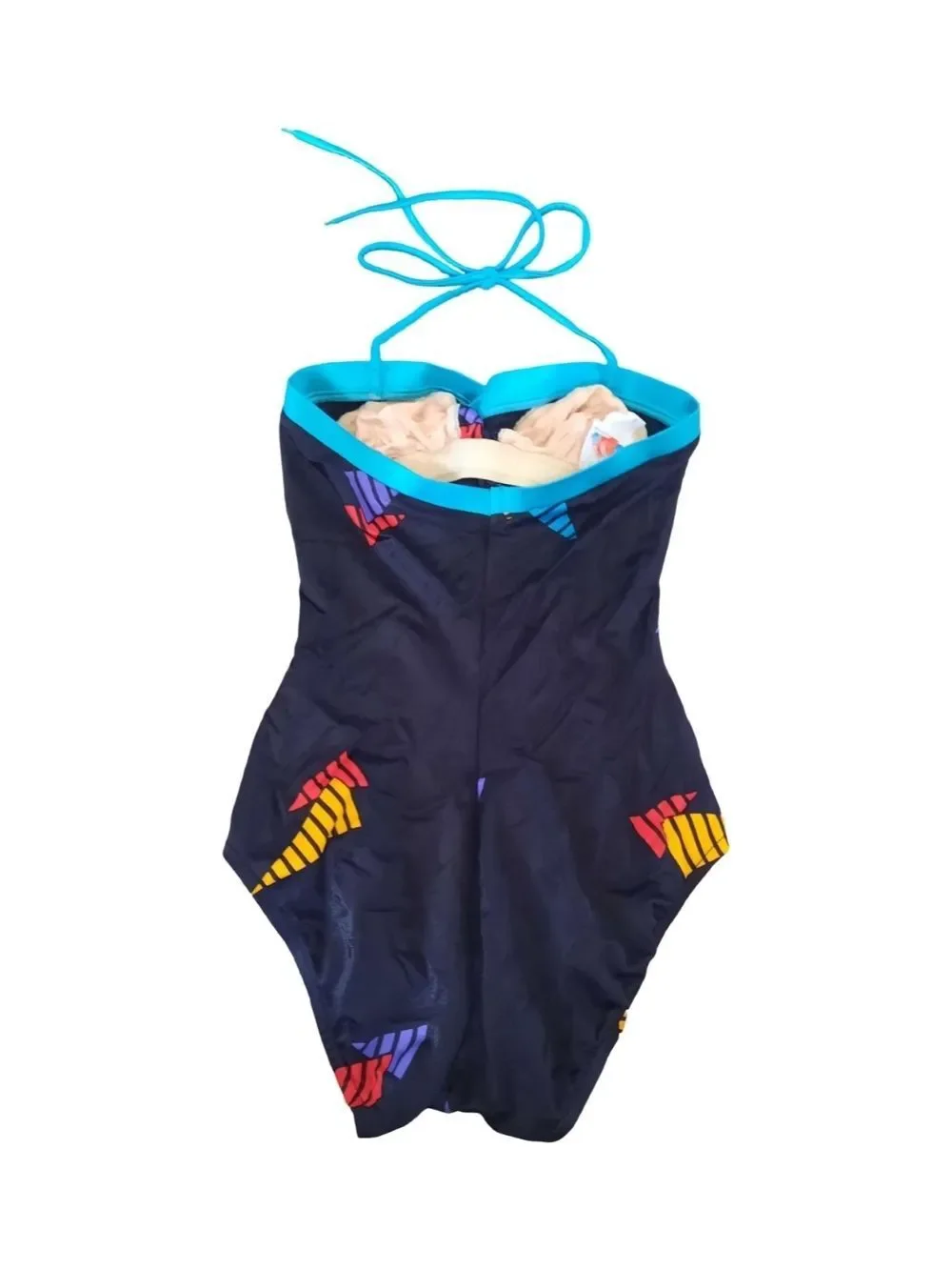jcpenney Black One-Piece Swimsuit with Teal Halter and Bright Geo Accents